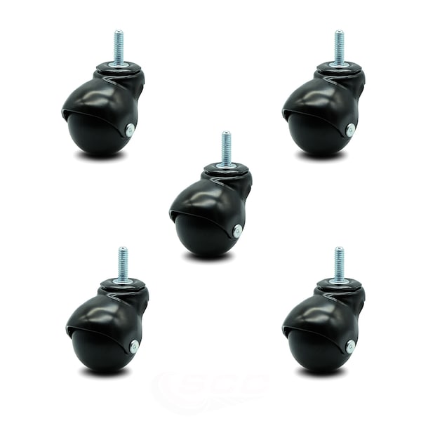 2 Inch Gloss Black Hooded 5/16 Inch Threaded Stem Ball Caster SCC, 5PK
